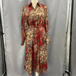 Zara Paisley Print Satin Midi Button Front Long Sleeve Shirt Dress Size XS